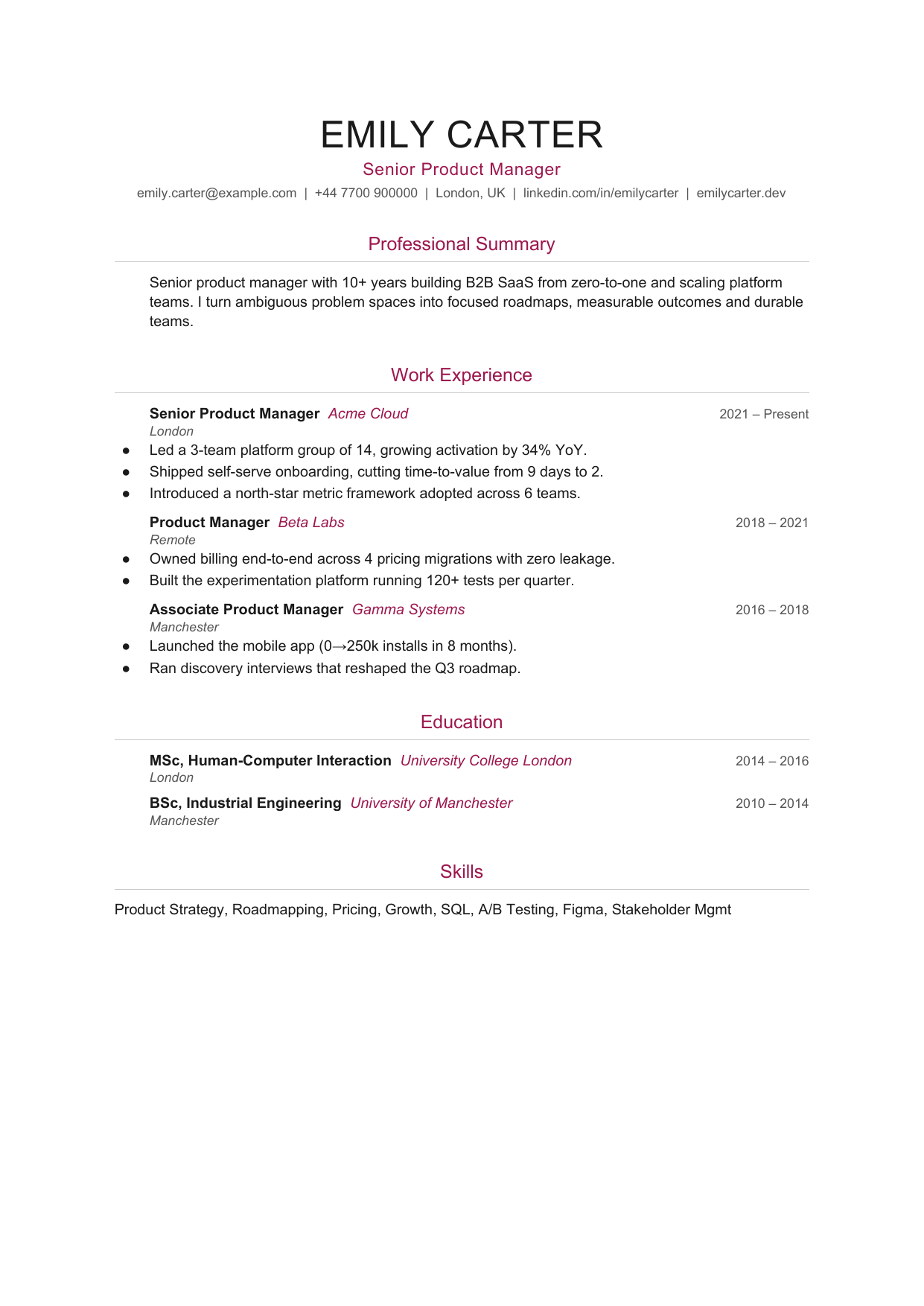 Narrow Column Line 2 resume template by CleanCV