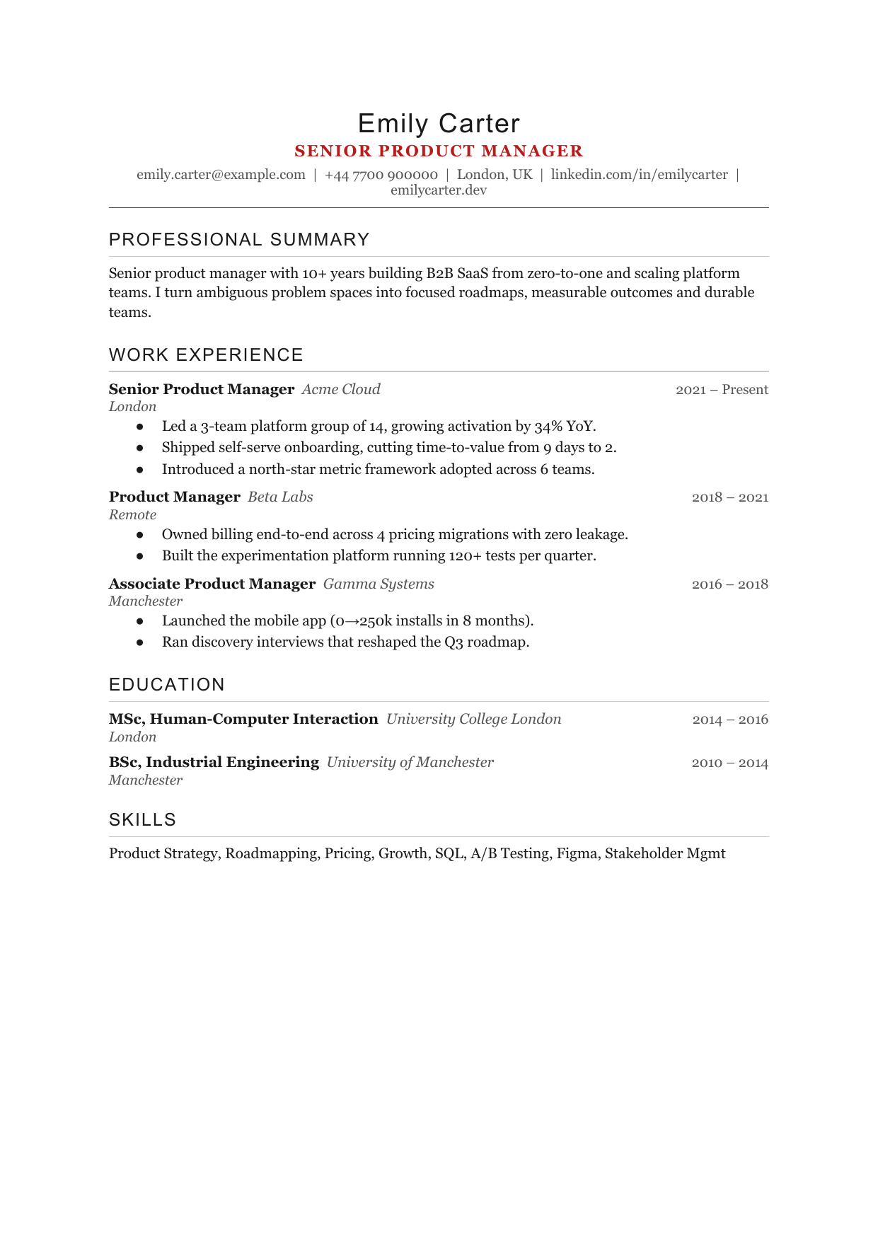 Narrow Column Line resume template by CleanCV