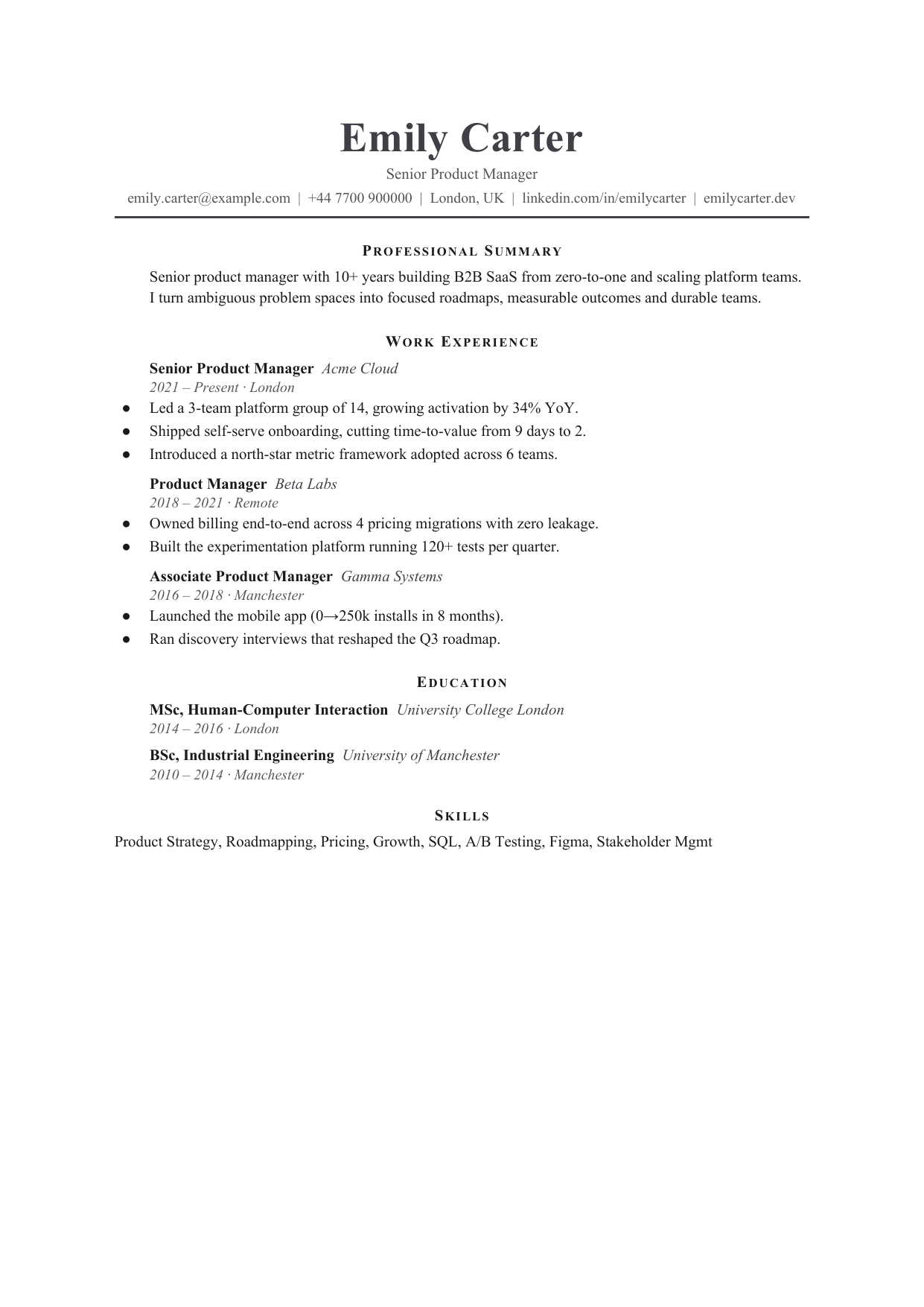 Narrow Column Open resume template by CleanCV