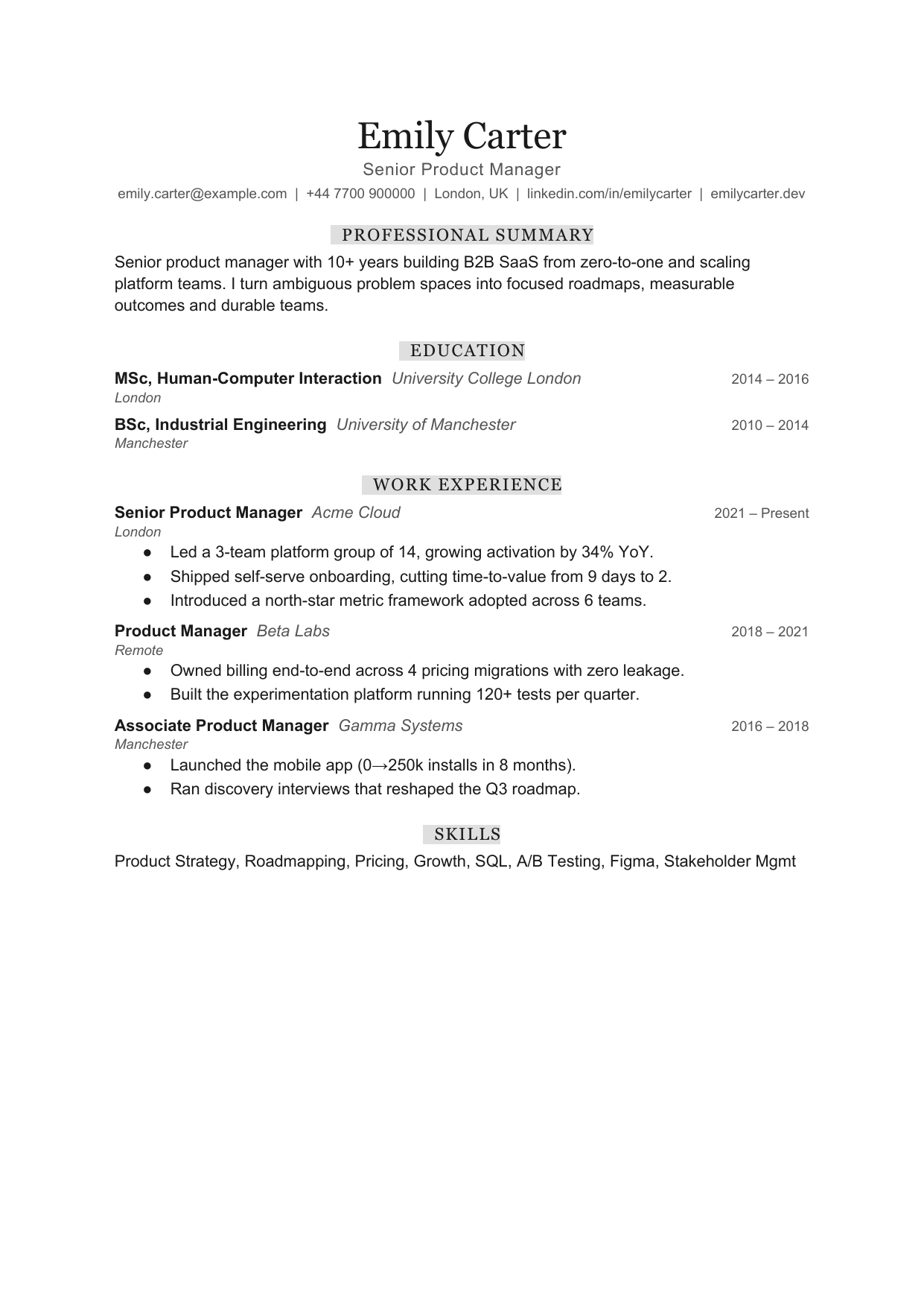 Narrow Column Tile 2 resume template by CleanCV