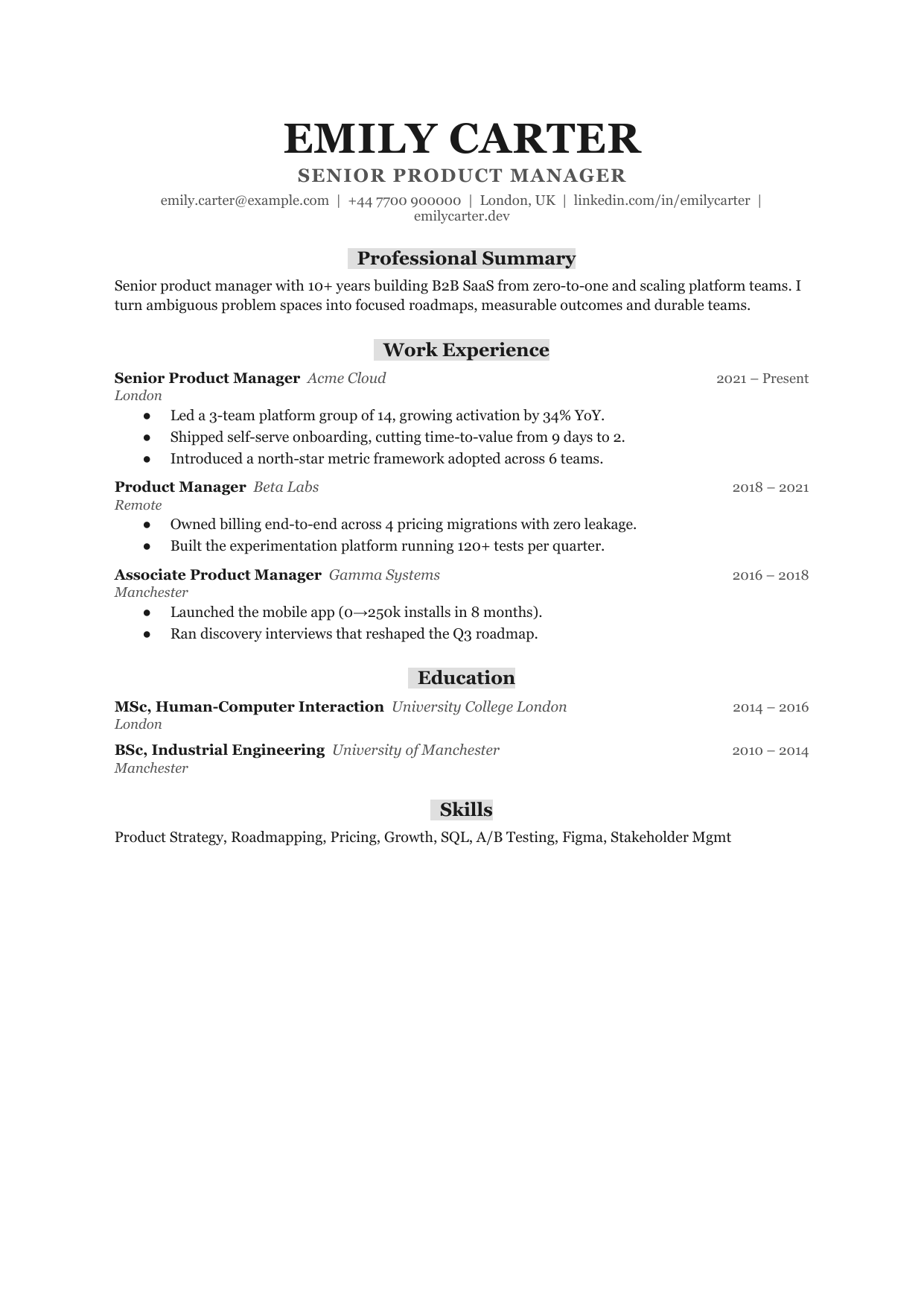 Narrow Column Tile resume template by CleanCV