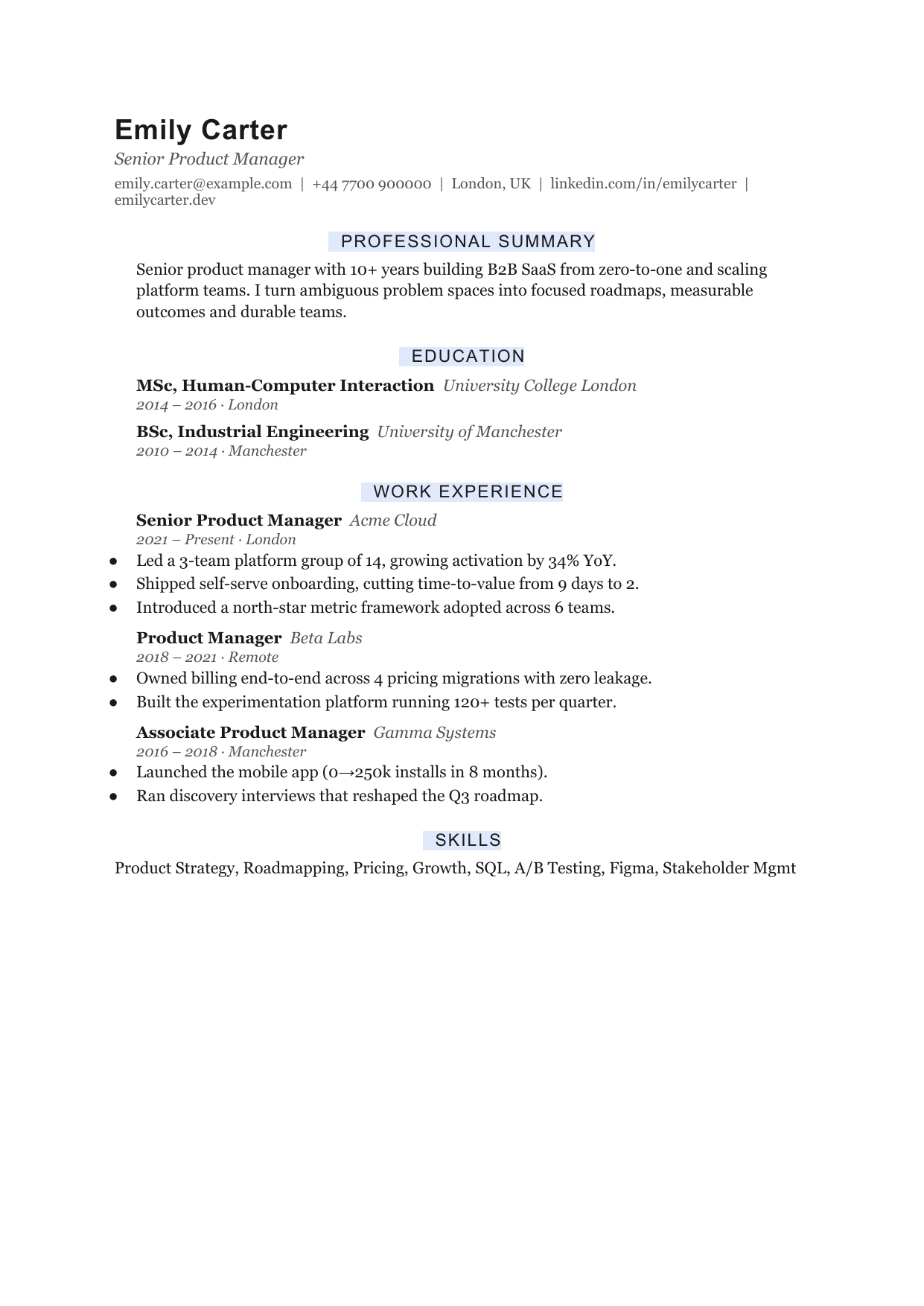 Narrow Ledger Tile resume template by CleanCV