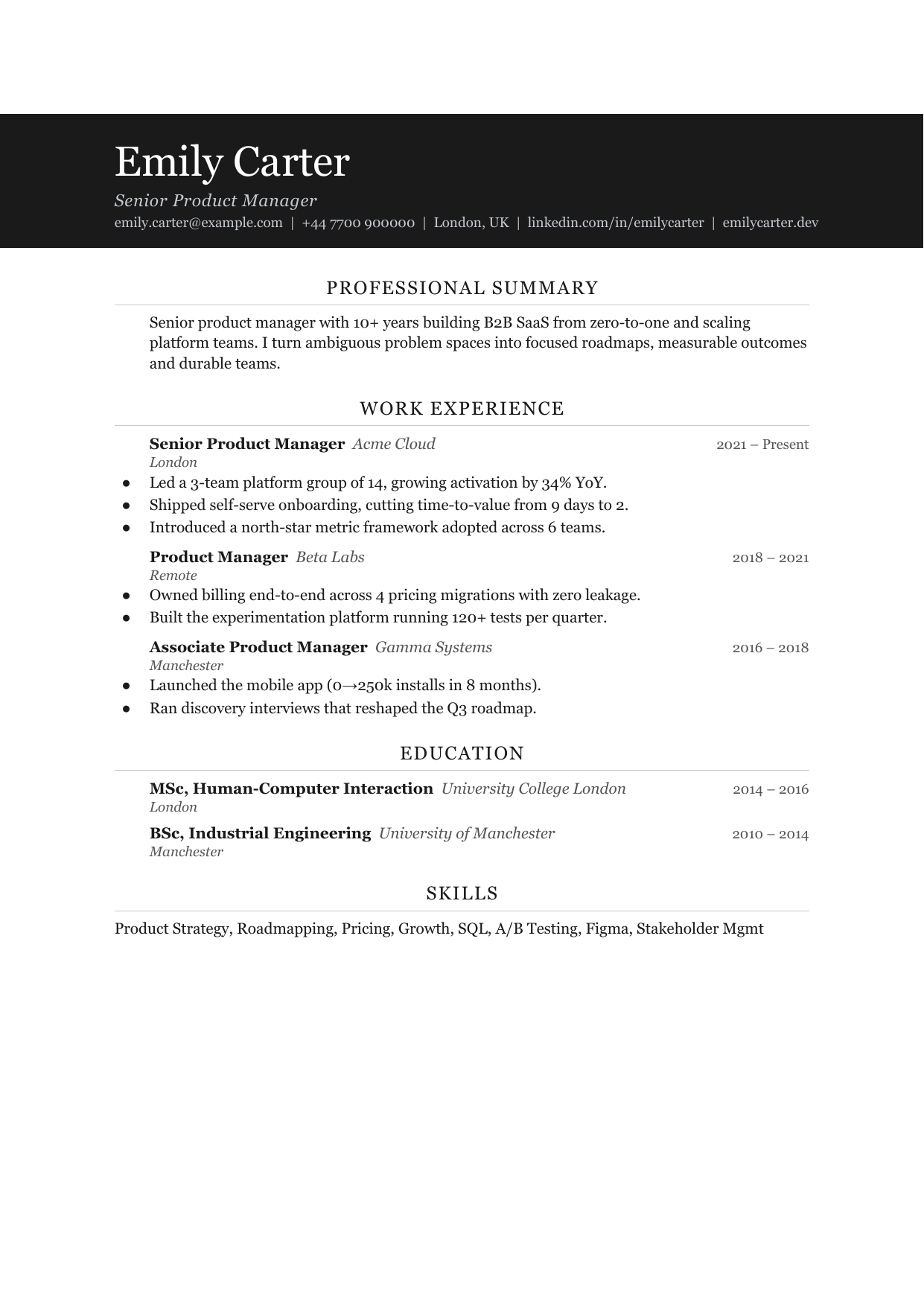 Narrow Slate Line resume template by CleanCV