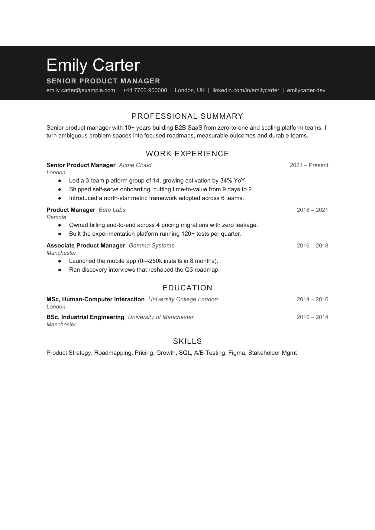 Narrow Slate Open 2 resume template by CleanCV