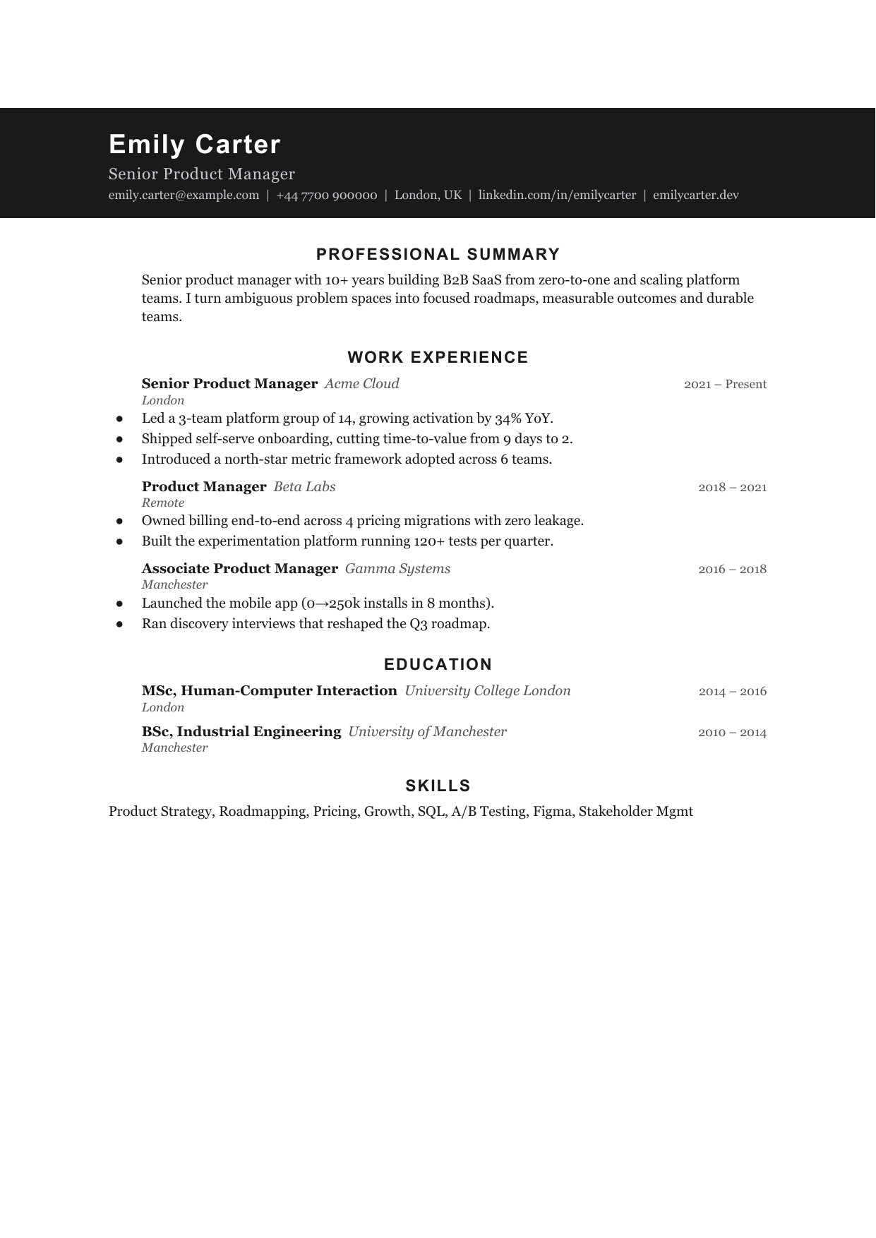 Narrow Slate Open resume template by CleanCV