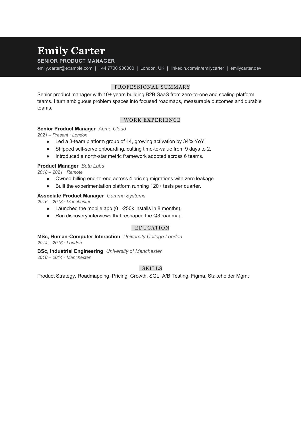 Narrow Slate Tile resume template by CleanCV